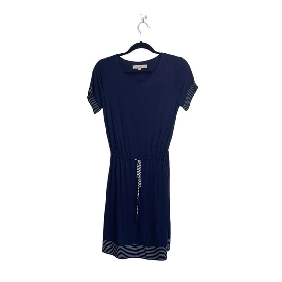 LOFT Navy Blue Drawstring Waist Jersey Knit Knee-length Dress Xsmall Women’s - Picture 1 of 12